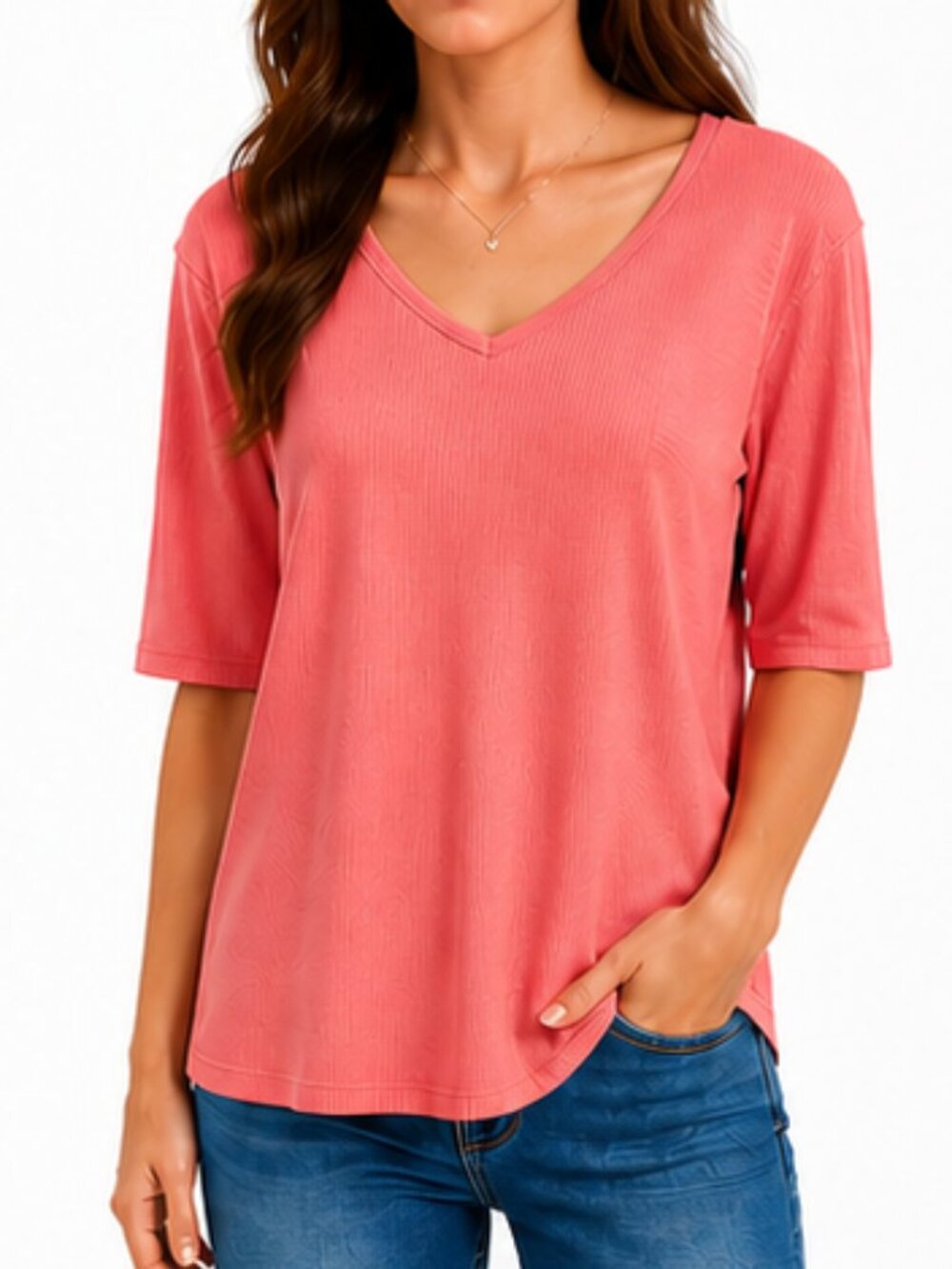 Coral V-Neck Top XL 💖 Blusa Coral Stretch Mujer 🌸✨